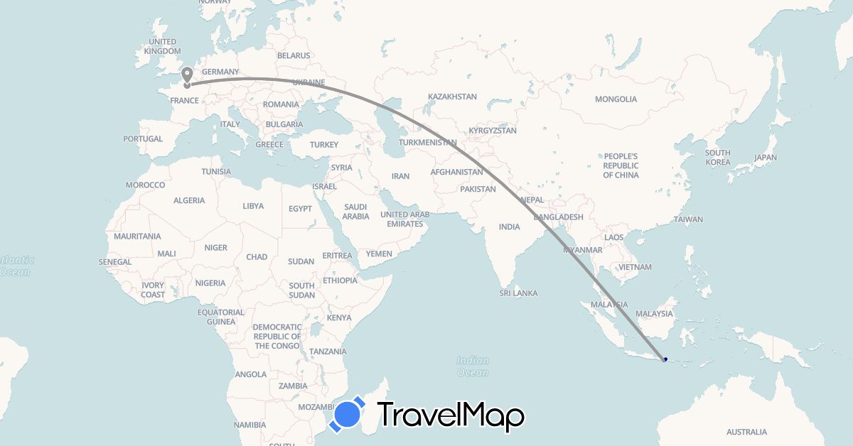 TravelMap itinerary: driving, plane in France, Indonesia (Asia, Europe)